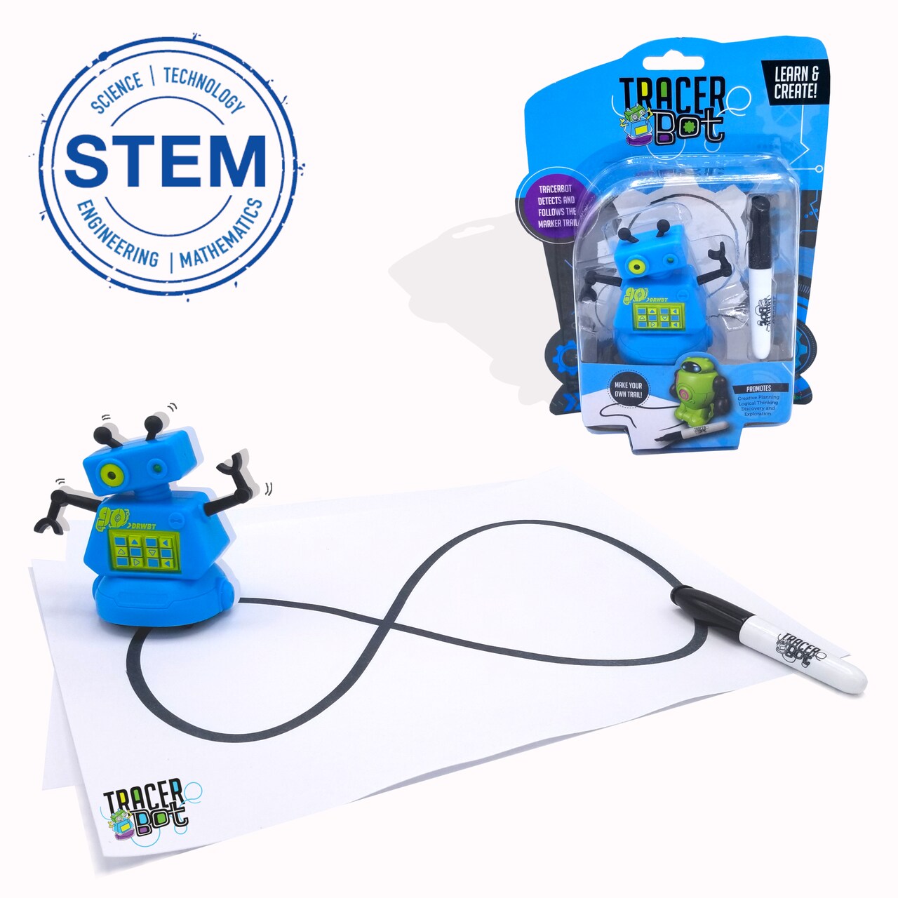 TracerBot - Blue – Mini Inductive Robot That Follows the Black Line You Draw. Fun, Educational, and Interactive STEM Toy with Limitless Ways to Play! Promotes Logic and Creativity Training While Having Fun!